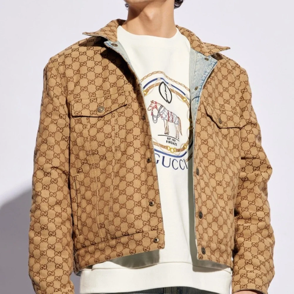 Gucci• Reversible Light Blue Denim & Beige GG Monogram Jacket